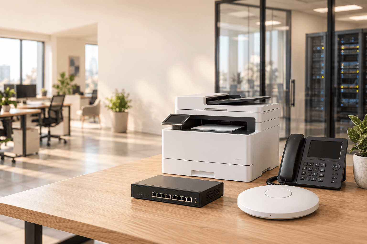 Office printer, IP phone, network switch and wireless access point on a desk