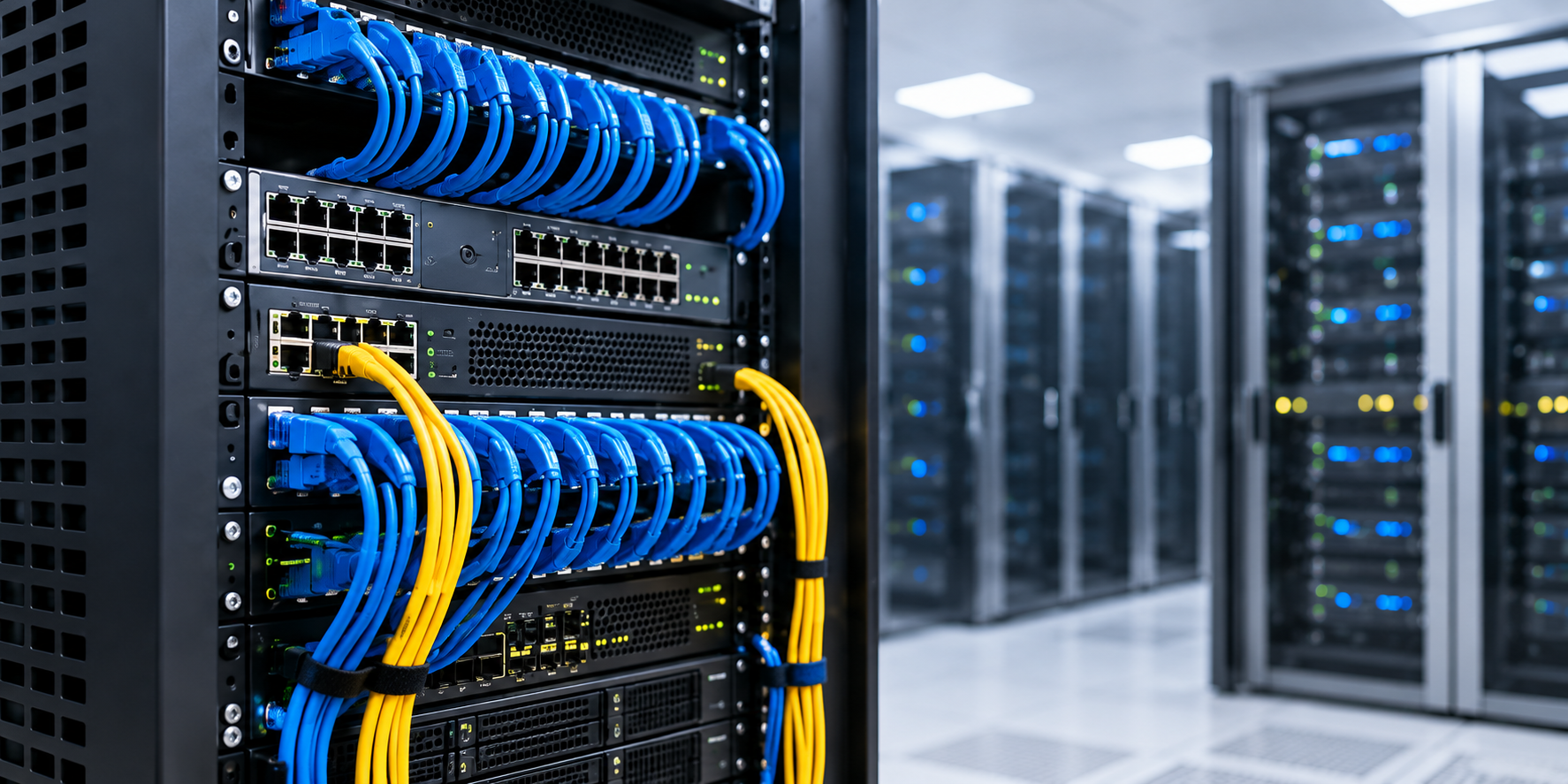 Network switches with organized blue and yellow cables