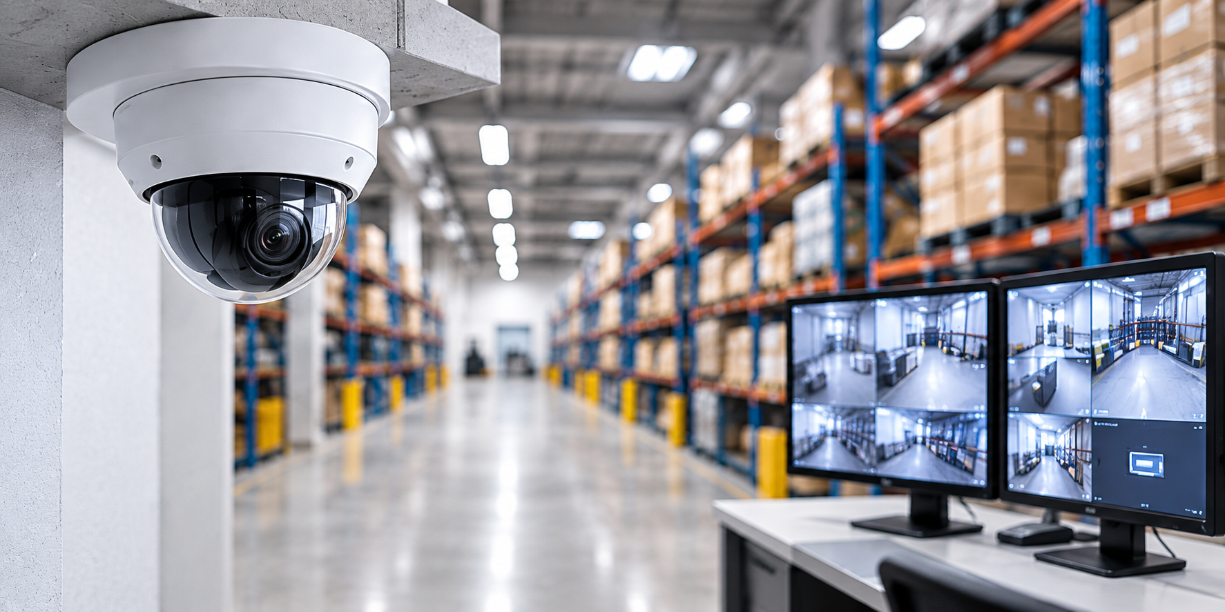 Dome security camera and monitoring screens in a warehouse