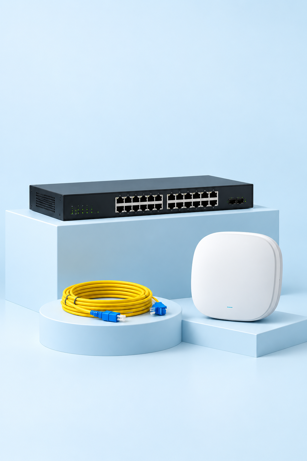 Network switch, Wi-Fi access point and yellow fiber cable